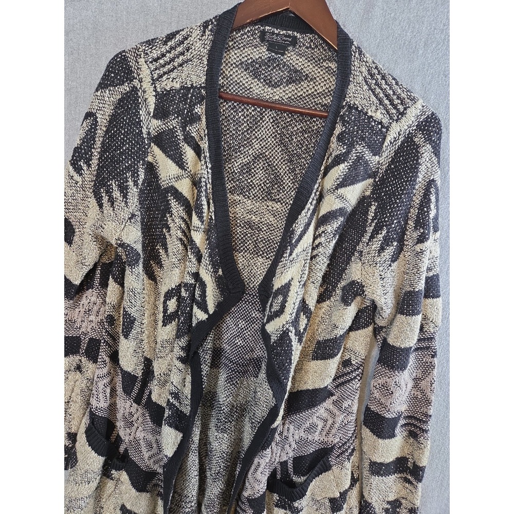 Lucky Brand Open Front Aztec Cardigan Sweater Women L Black Ivory Boho Hi Low
